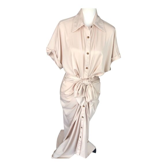 MABLE Cream Satin Drapey Elegant Corpcore Cocktail Button-Down Midi Dress M - Picture 9 of 16